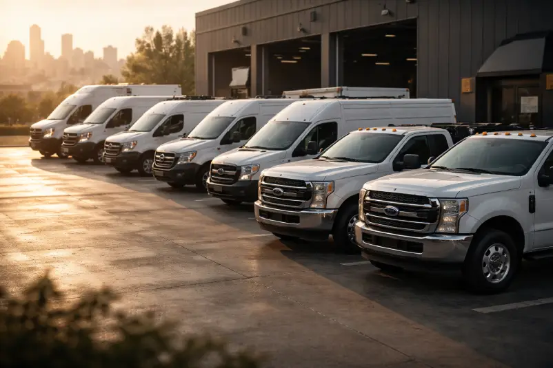 Commercial fleet vehicles at ESS Fleet Service facility in Dallas