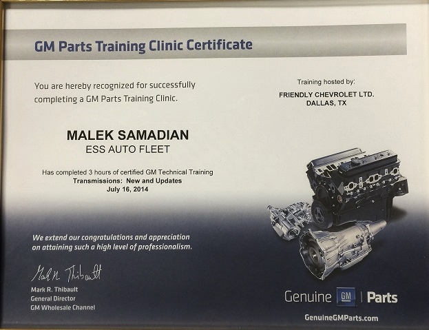 GM Parts Training Clinic Certificate awarded to Malek Samadian for certified GM Technical Training — Transmissions: New and Updates.