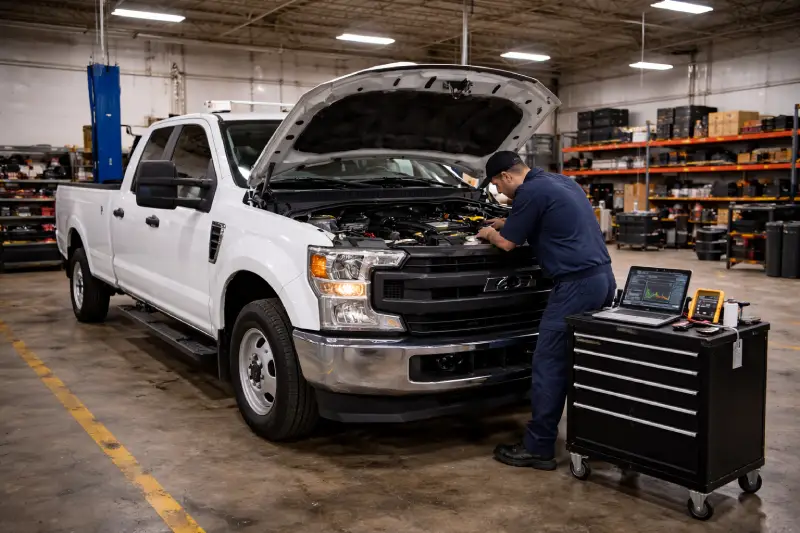 Technician performing diagnostic and service work on commercial truck engine