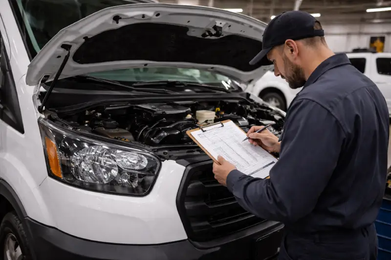 Technician conducting commercial fleet vehicle inspection with formal checklist