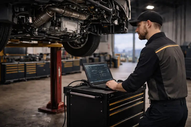 Professional technician performing advanced electronic diagnostics on European fleet vehicle using specialized diagnostic equipment