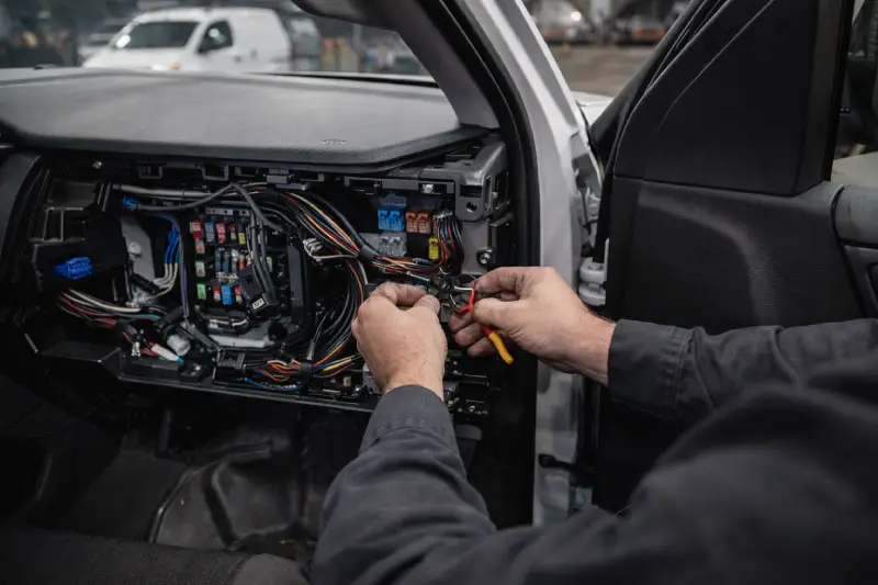 Technician working on vehicle dashboard wiring and electrical systems