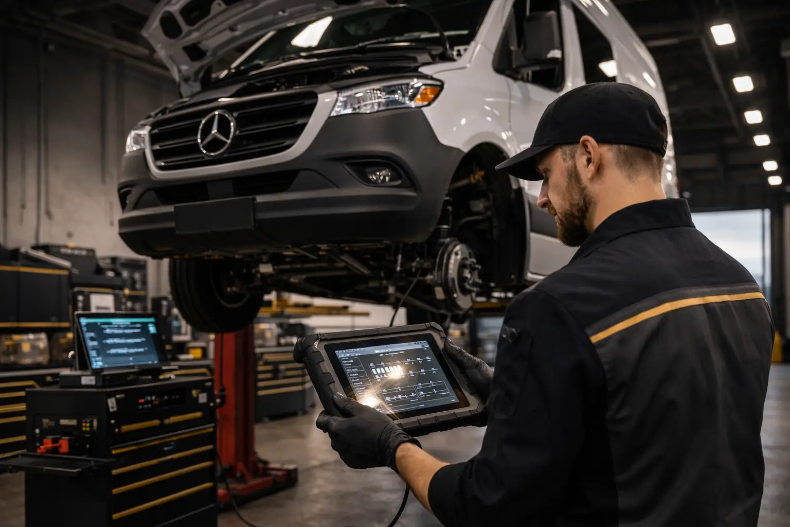 Diagnostic expert at work with Sprinter van