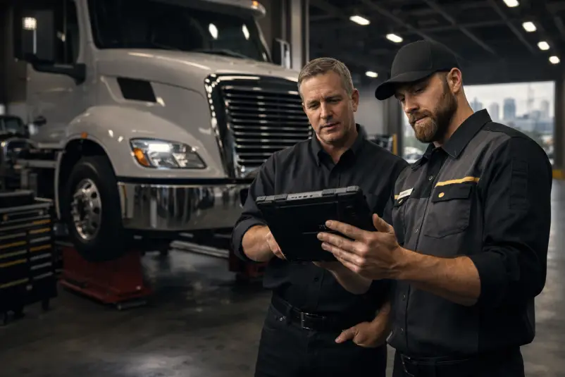 Fleet manager and technician collaborating in the shop