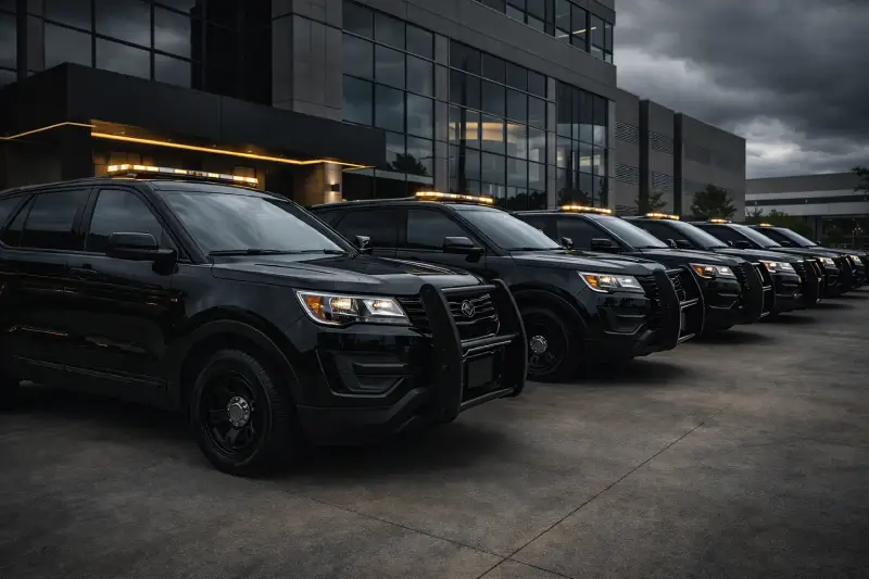 Fleet of black security SUVs parked in formation outside a commercial building