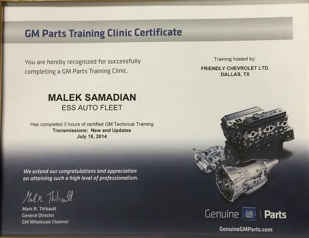 GM Parts Training Clinic Certificate awarded to Malek Samadian for certified GM Technical Training - Transmissions: New and Updates.