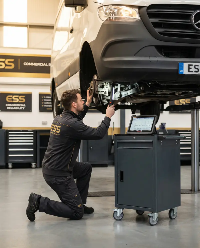 Technician performing preventive maintenance on Mercedes Sprinter van in Dallas commercial repair facility