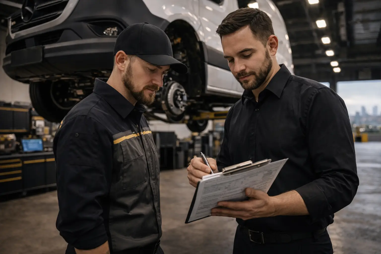 Technician and service advisor collaborating on vehicle service details at ESS Fleet Service