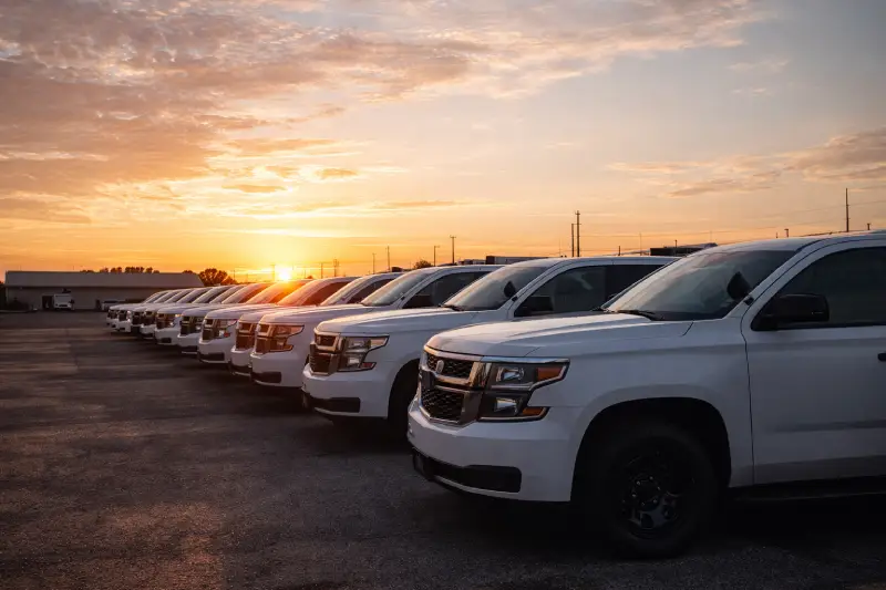 Fleet of white SUVs staged in commercial lot at sunrise