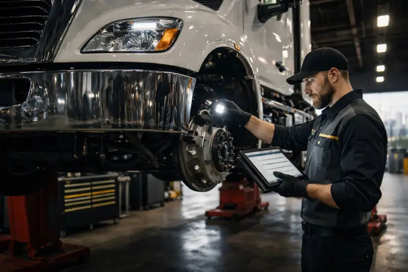 Technician inspecting elevated semi-truck at ESS Fleet Service in Dallas