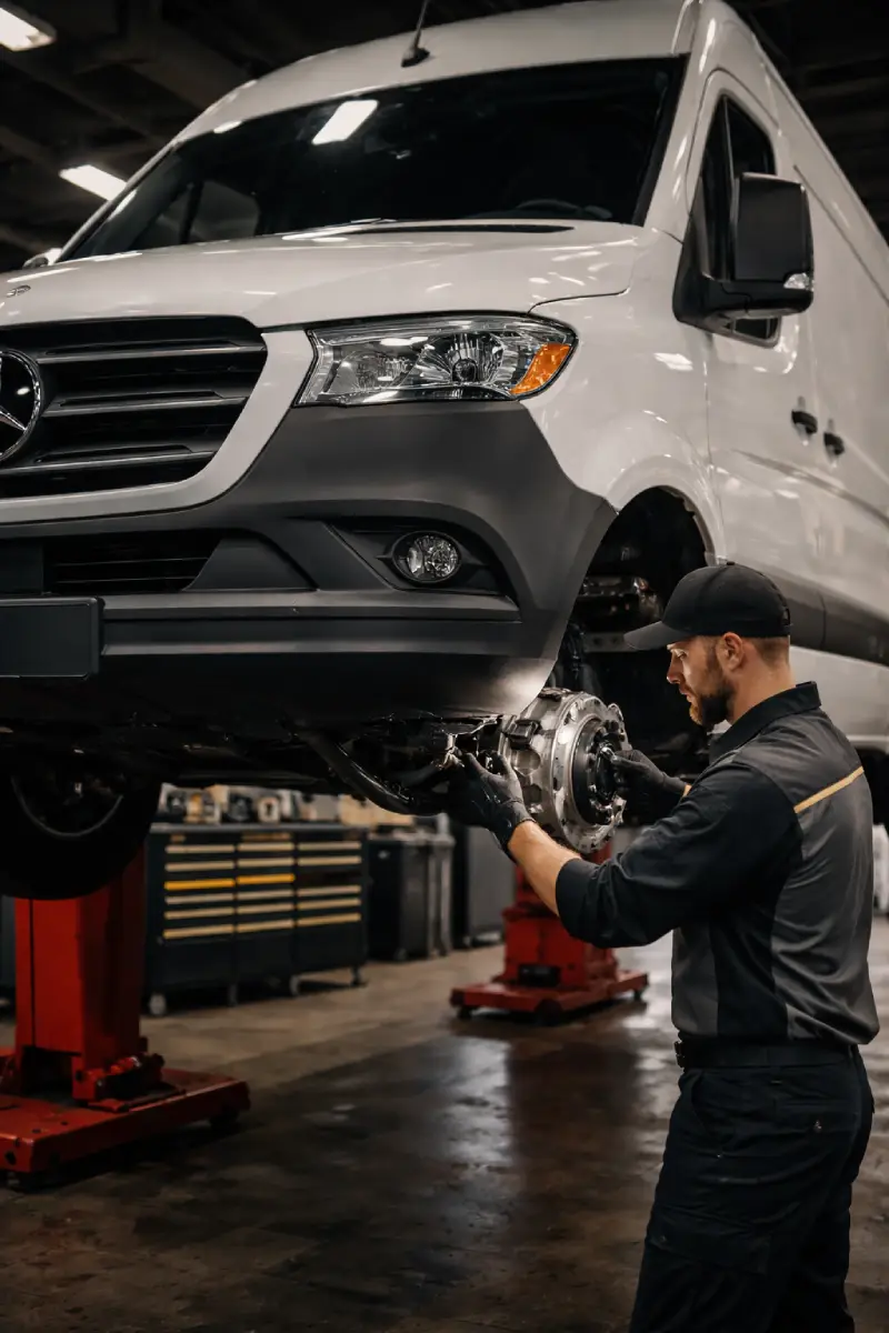 Technician inspecting Mercedes-Benz Sprinter van