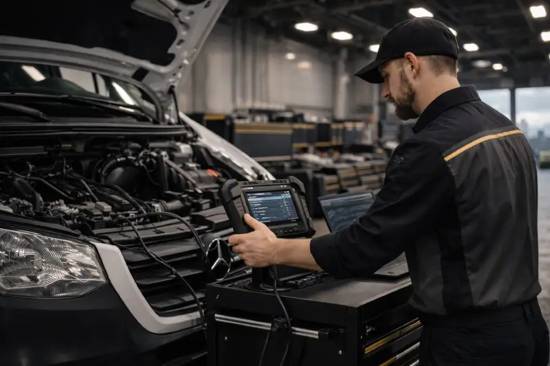 Technician diagnosing a Mercedes-Benz van