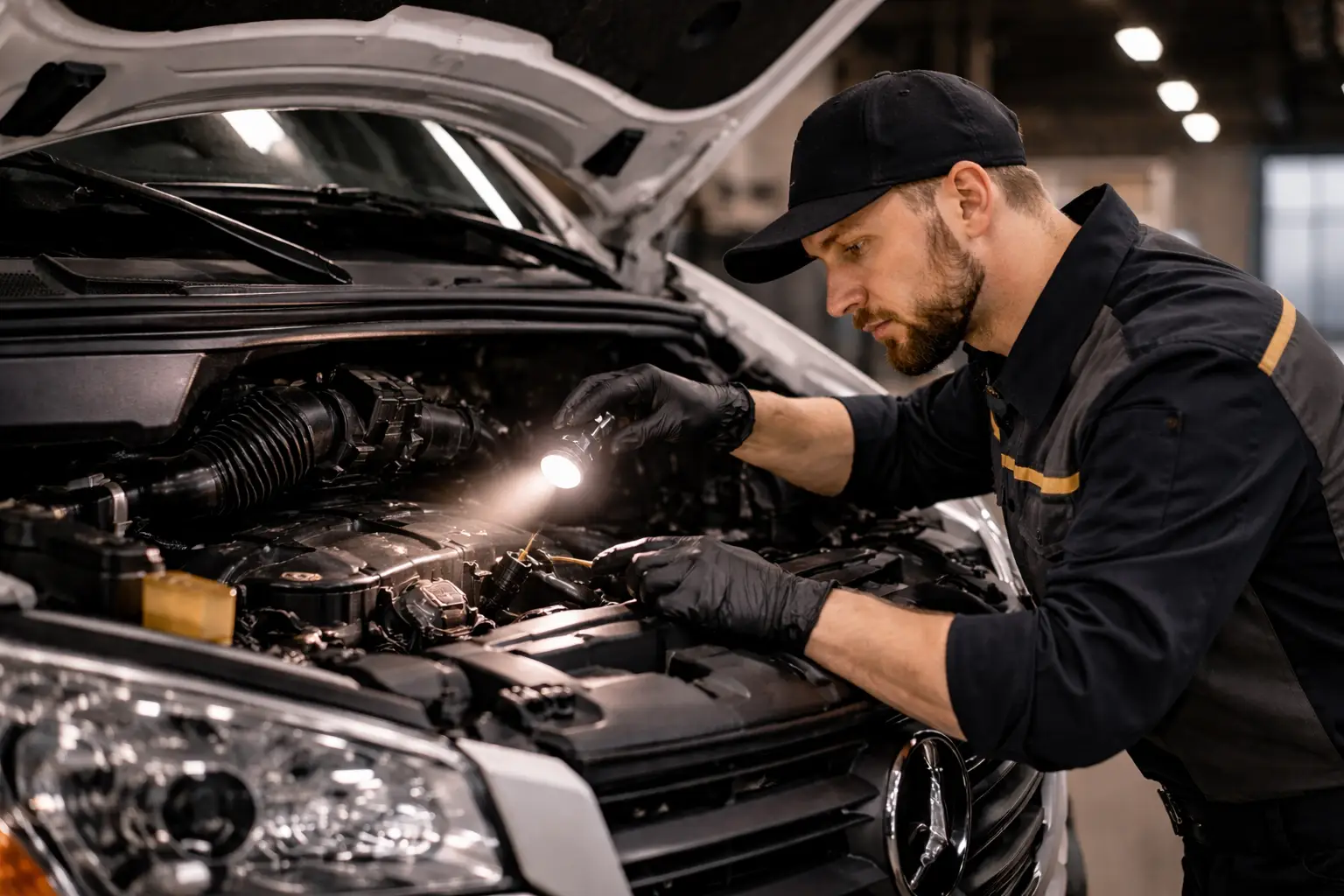 Technician performing advanced diagnostic service on European import vehicle engine