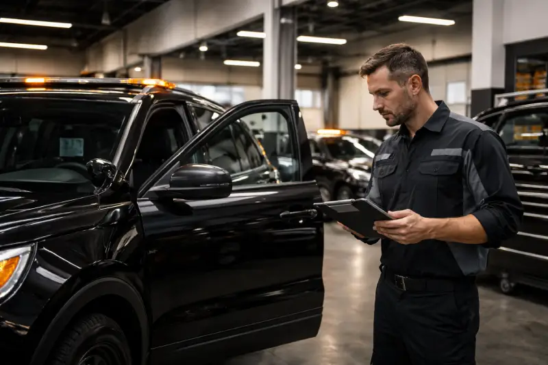 Technician inspecting security SUV at ESS Fleet Service in Dallas