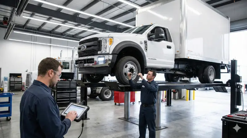 Commercial truck on lift in ESS Fleet Service facility with technicians performing inspection