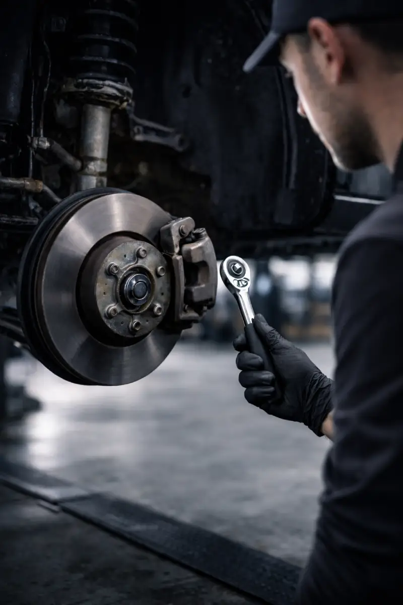 Technician performing brake inspection and maintenance