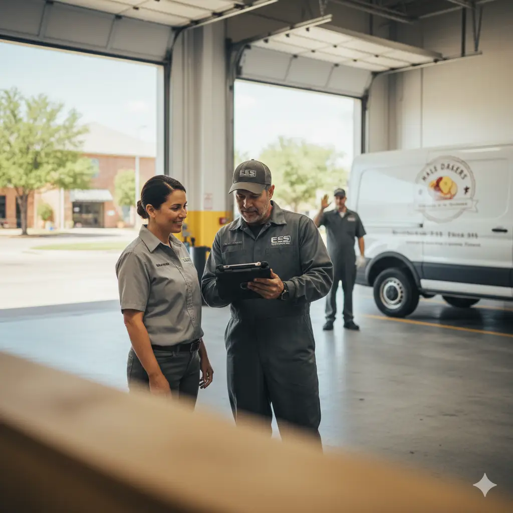 ESS Fleet Service team collaborating on commercial vehicle service planning in Dallas repair facility with fleet vehicles