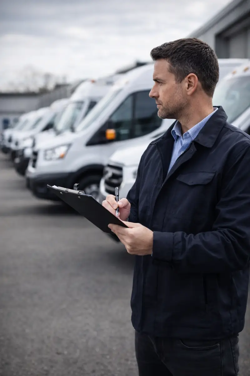 Fleet manager reviewing maintenance records with fleet vehicles