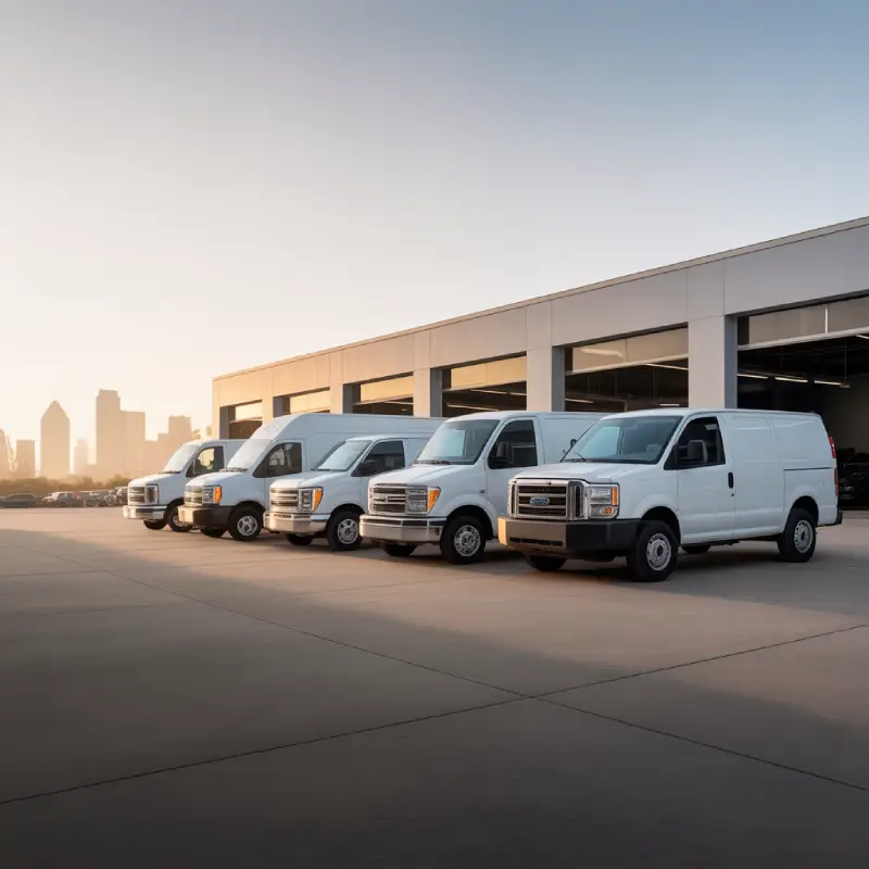 Domestic fleet vehicles lined up at professional service facility in Dallas demonstrating operational scale and commercial readiness