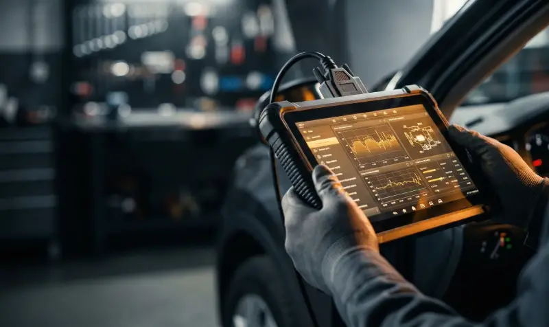 Diagnostic tablet with vehicle system data at ESS Fleet Service