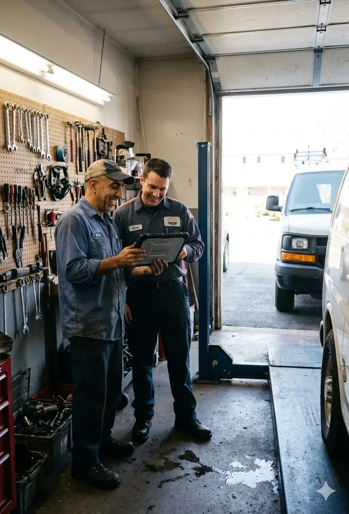 Technicians reviewing diagnostic tablet with commercial van in service bay