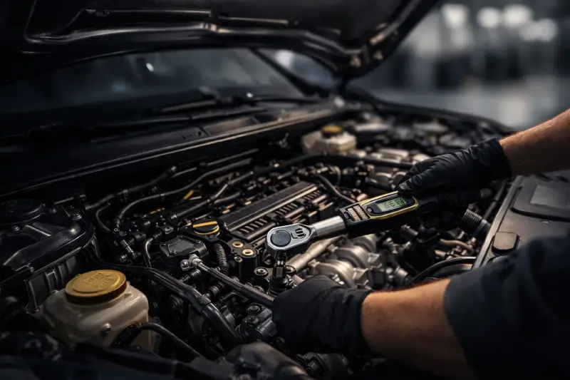 Technician working on vehicle engine with precision tools